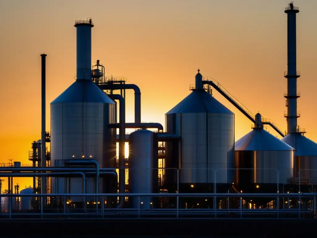 Refinería de biocombustible al atardecer, con luces doradas y sombras alargadas