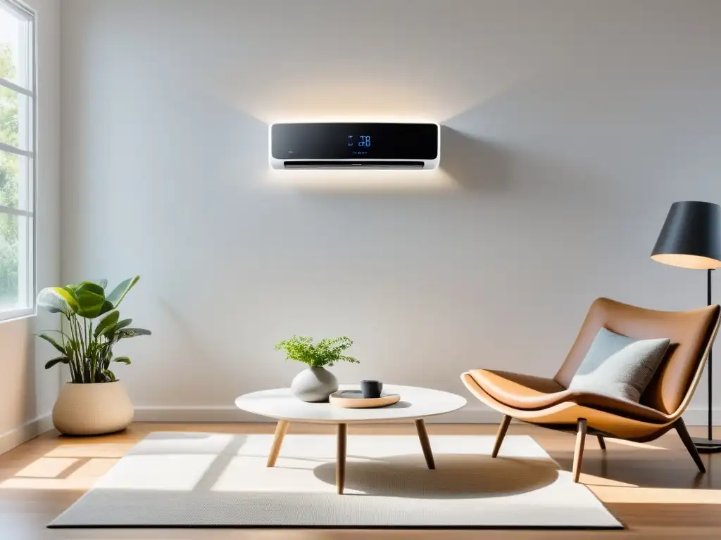 Refrigeración inteligente para hogar sostenible: moderna unidad de aire acondicionado en sala minimalista, con pantalla digital y luz LED suave