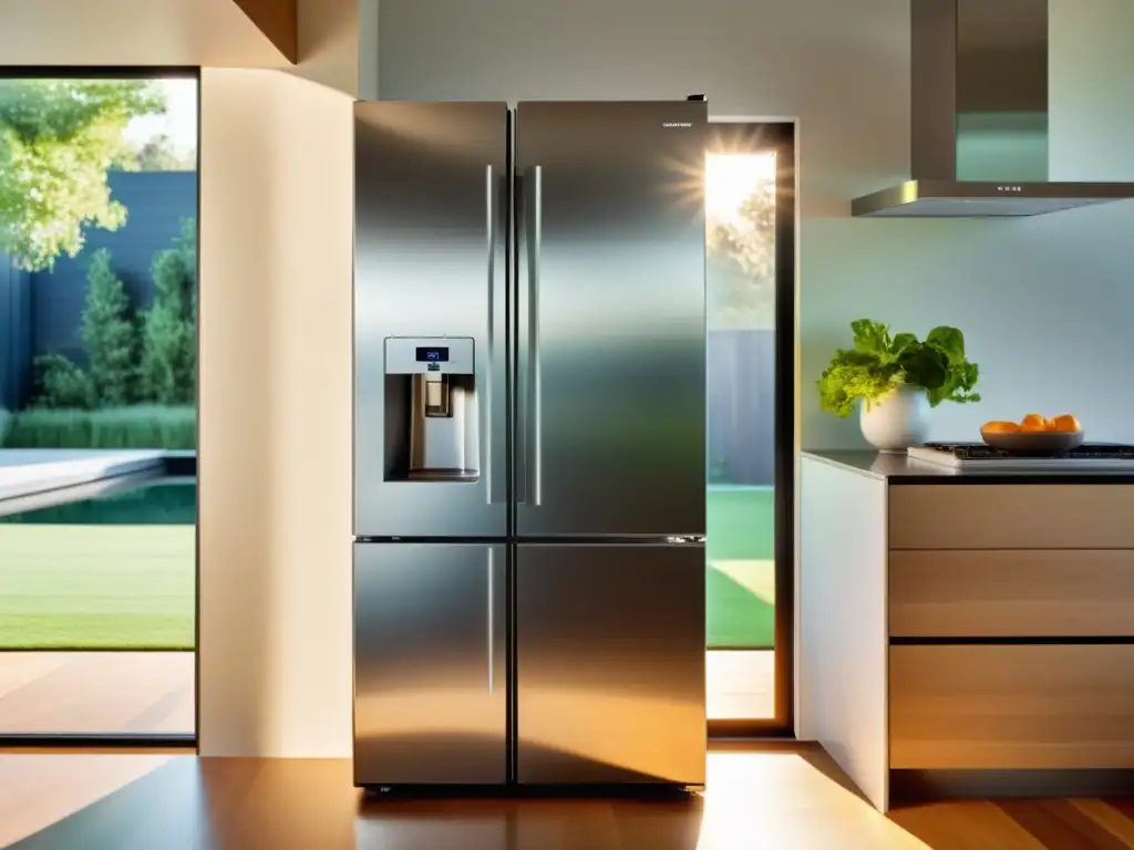 Refrigeración solar para hogar sostenible: Imagen de un elegante refrigerador solar en una cocina luminosa y moderna