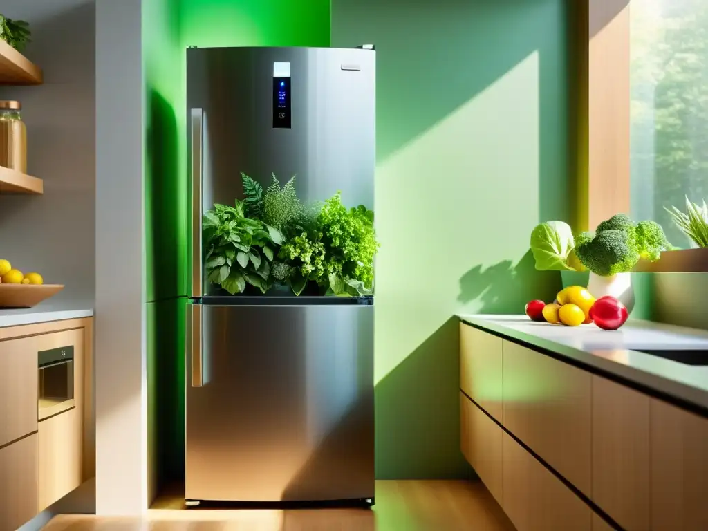 Refrigerador moderno y ecológico con plantas verdes, reflejando la luz natural