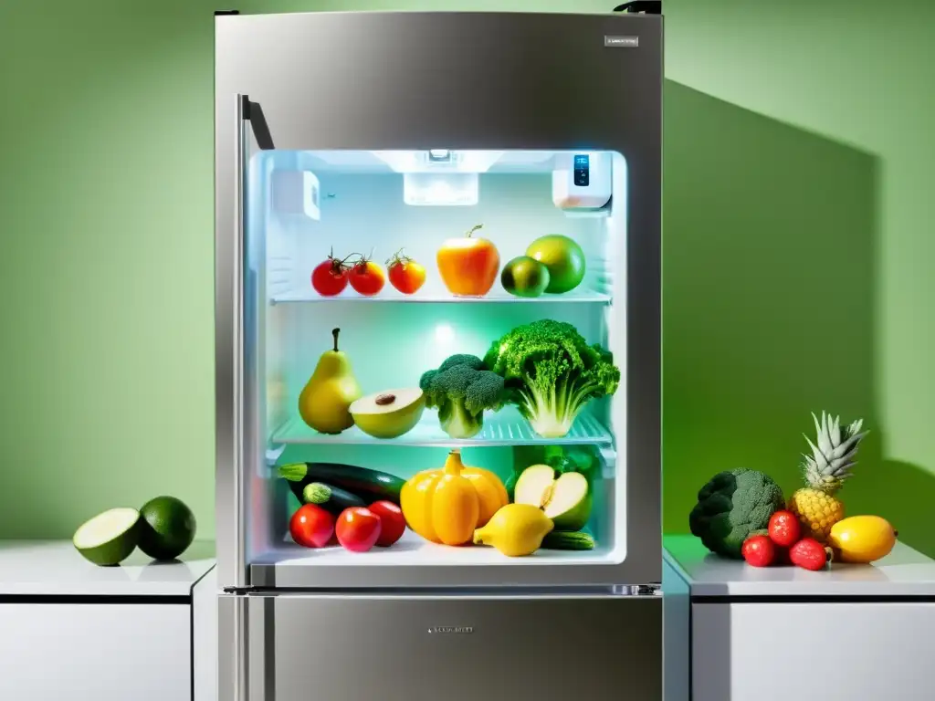 Refrigerador moderno con opciones ecológicas, frutas y verduras frescas organizadas en interior iluminado por LED en cocina sostenible y luminosa