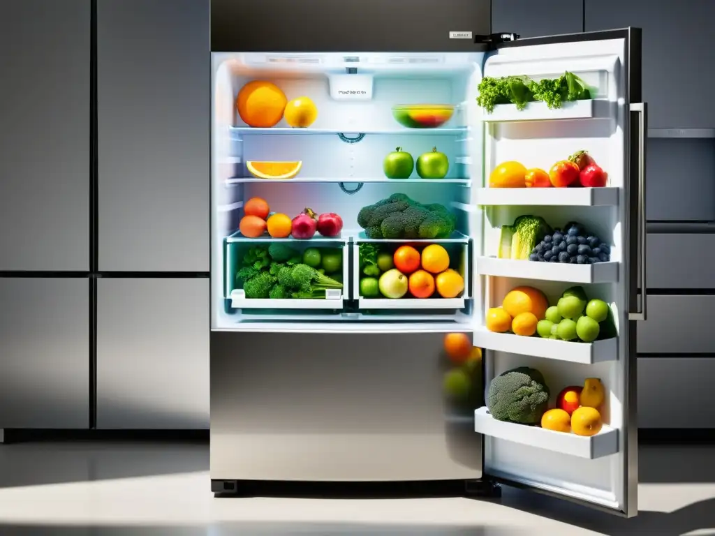 Un refrigerador moderno y organizado con frutas, verduras y lácteos, reflejando orden y eficiencia