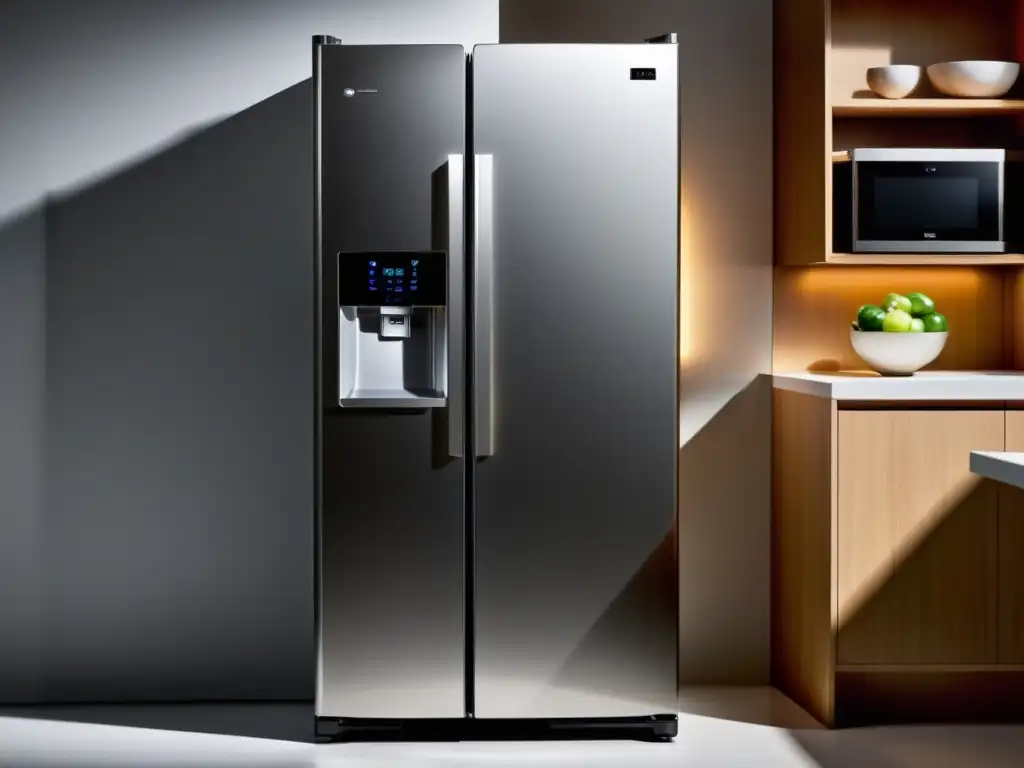 Refrigerador moderno con pantalla digital y etiqueta de eficiencia energética