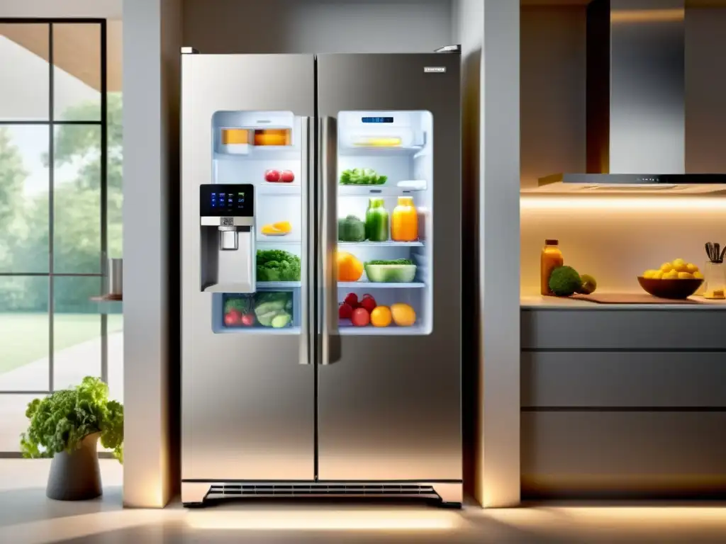 Refrigerador moderno con visualización de uso eficiente de energía y consejos de ahorro