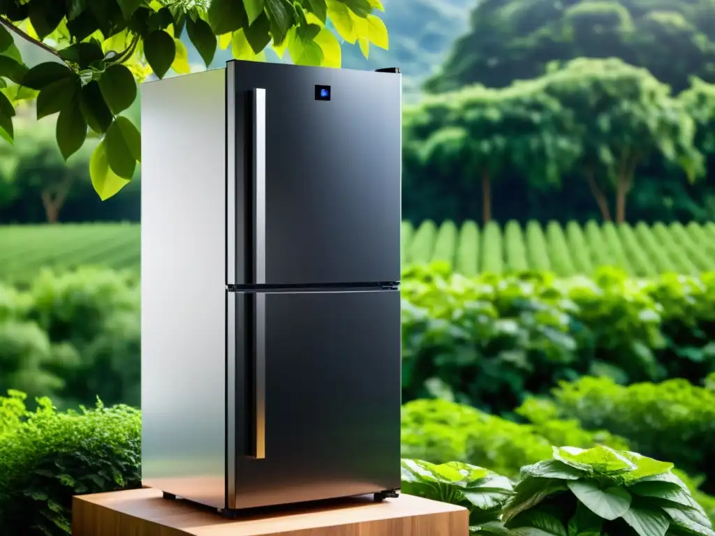 Un refrigerador solar de diseño moderno en un entorno natural, evocando un estilo de vida sostenible