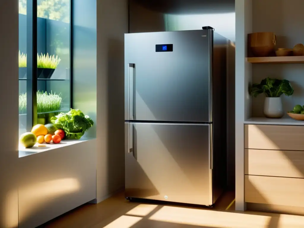 Un refrigerador solar moderno y elegante en una cocina iluminada por el sol, destacando la sostenibilidad y la eficiencia energética