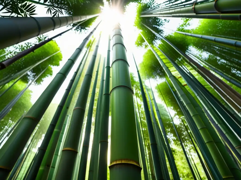 Un refugio de bambú integrado en un exuberante bosque, resaltando las ventajas ambientales de construir con bambú