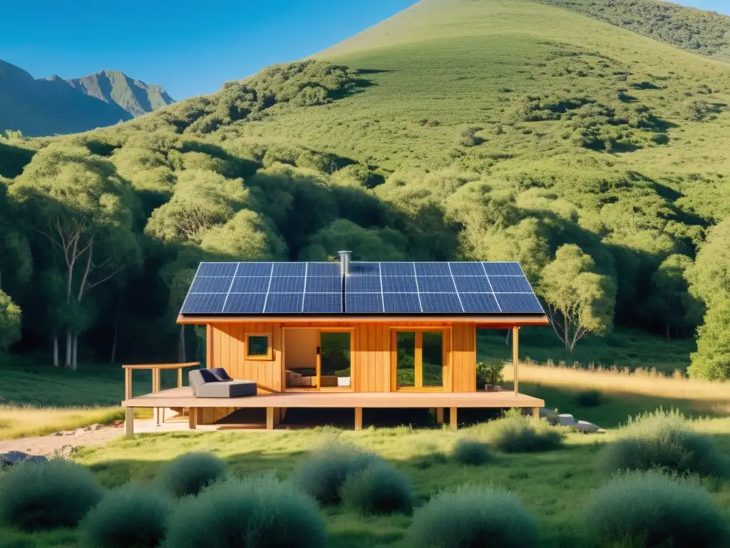 Refugio offgrid rodeado de naturaleza, paneles solares y cielo azul