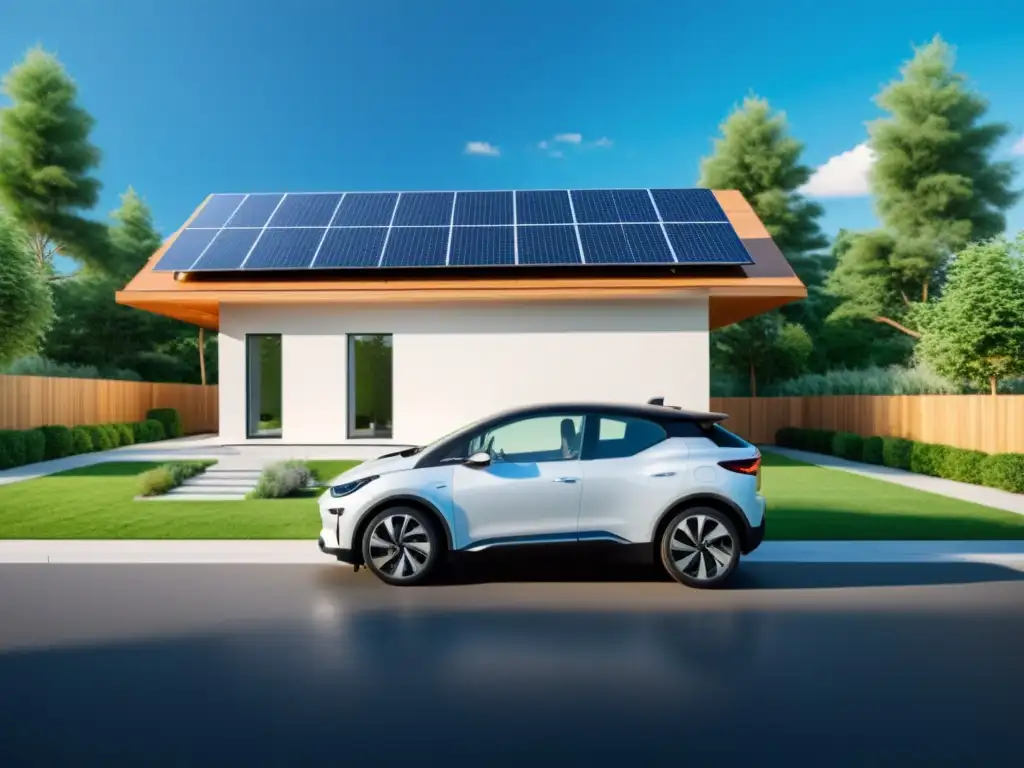 Residencia moderna con energía renovable, autos eléctricos y paisaje verde