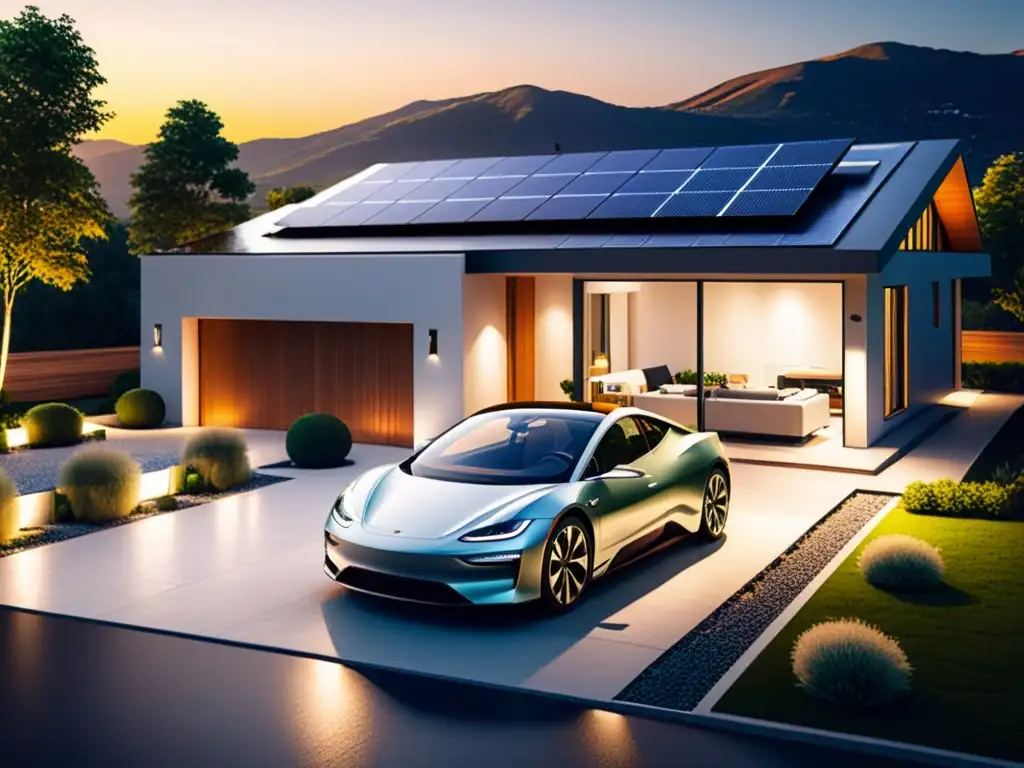 Residencia moderna con paneles solares, ventanas eficientes y un auto eléctrico