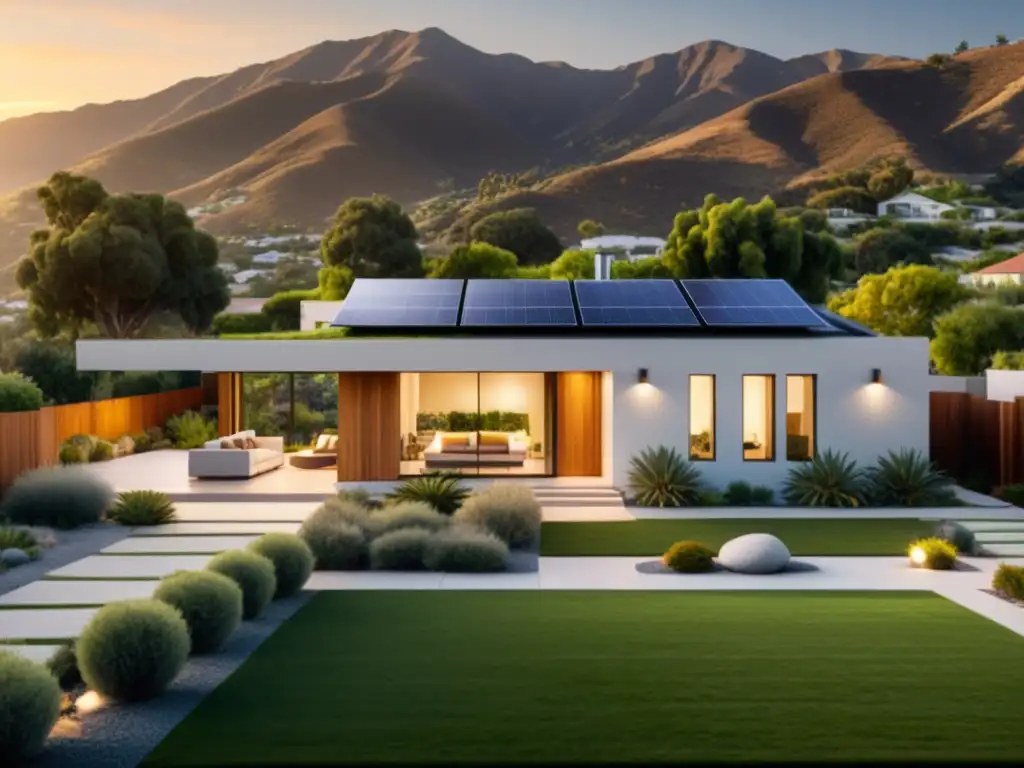 Residencia moderna en California con paneles solares, jardín sostenible y atardecer, reflejando la eficiencia energética doméstica en California