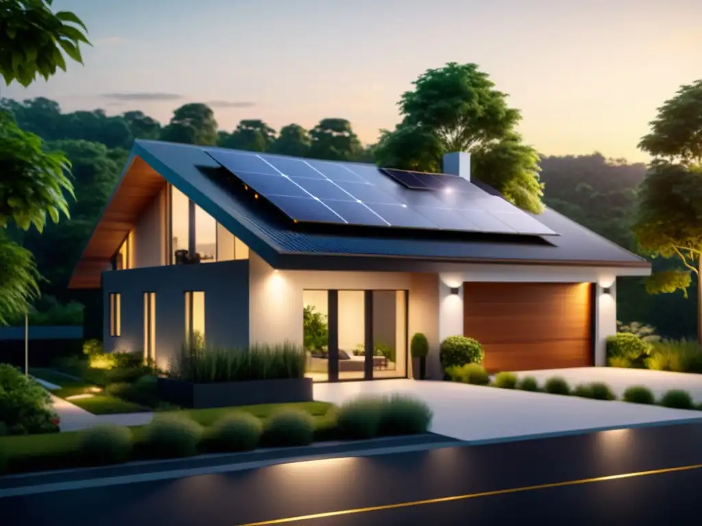 Residencia moderna con paneles solares, almacenamiento de energía para hogar sostenible y entorno verde al atardecer