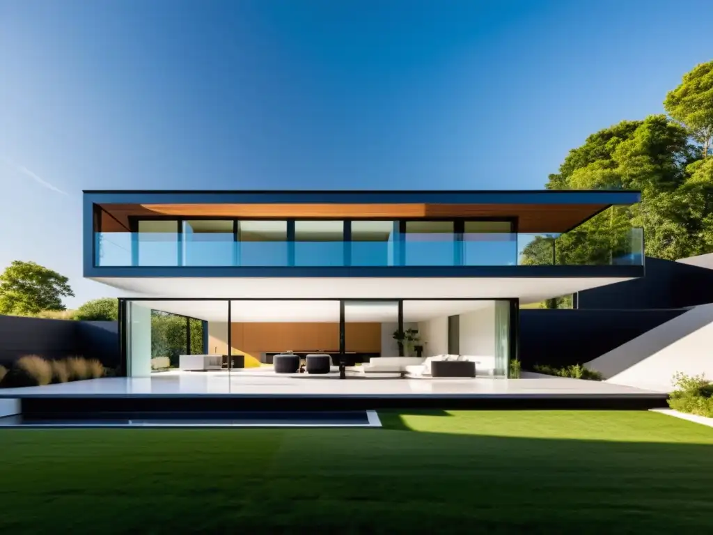 Casa solar futurista: energía sostenible y sofisticación Residencia moderna con vidrio fotovoltaico captando la energía solar