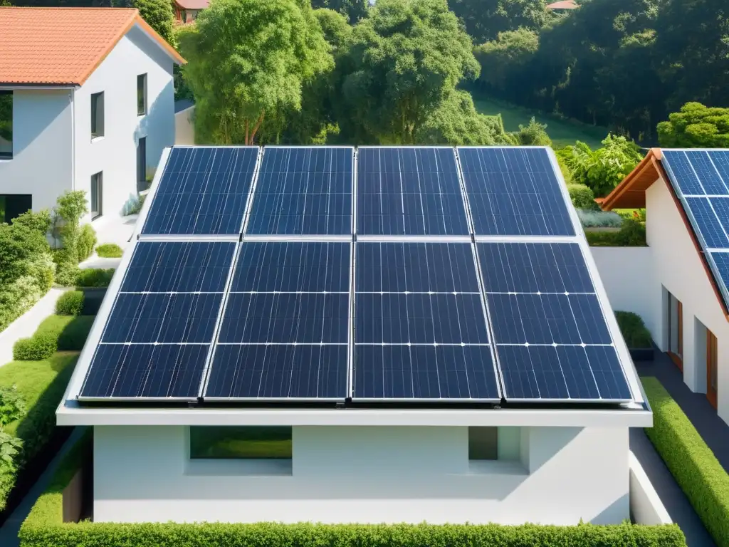 Residencia con paneles solares en el techo, rodeada de vegetación, bajo un cielo azul claro