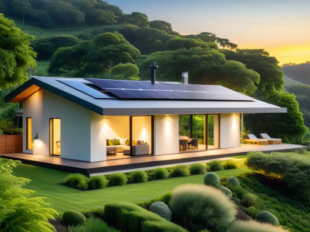 Residencia sostenible con paneles solares, integrando energías renovables para hogar sostenible, en entorno natural al atardecer