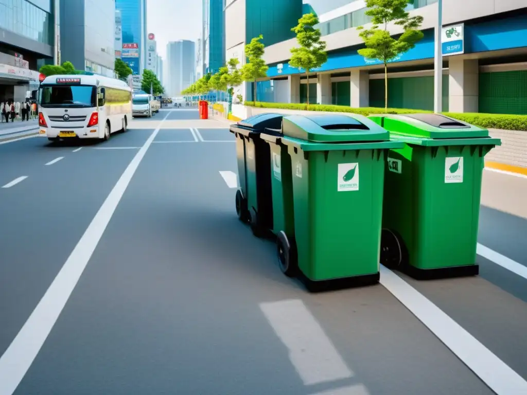 Gestión residuos urbanos Corea del Sur: Imagen urbana moderna con sistema eficiente de reciclaje y contenedores elegantes