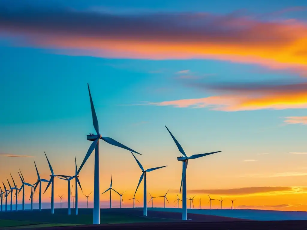 Retorno de inversión en energía eólica: atardecer en parque eólico con turbinas modernas ante un cielo colorido y cálido