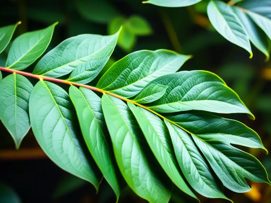 Un retrato detallado de una exuberante planta verde con hojas vibrantes y venas delicadas, bañada por la suave luz del sol