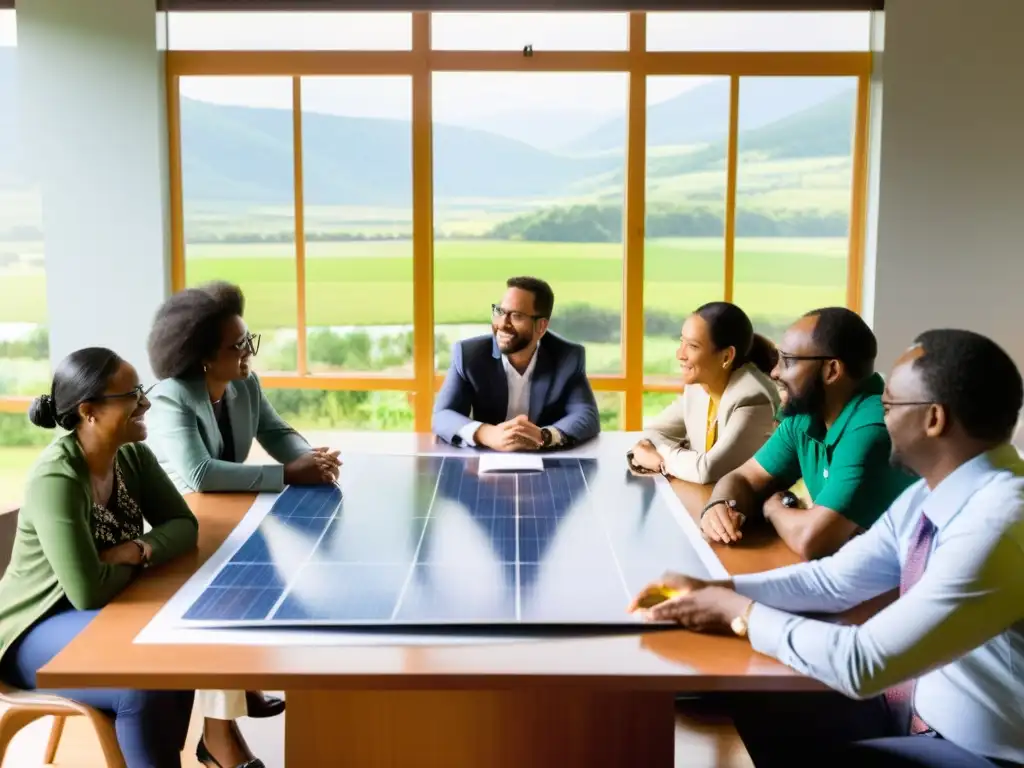 Reunión de comunidad y stakeholders discutiendo proyecto de energía solar