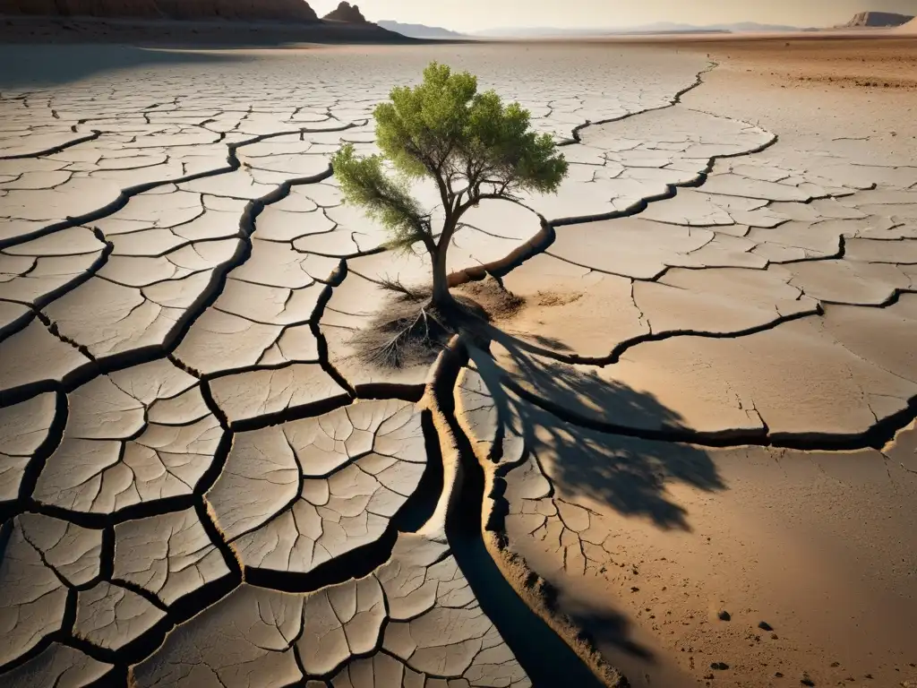 Un río seco con tierra agrietada y un árbol marchito, simbolizando las consecuencias de no cumplir las responsabilidades legales en la conservación del agua