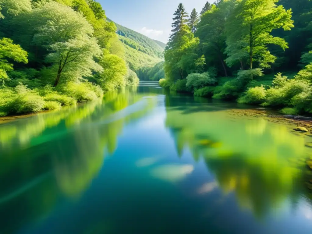 Un río sereno fluye entre un bosque verde exuberante, con luz solar filtrándose entre los árboles