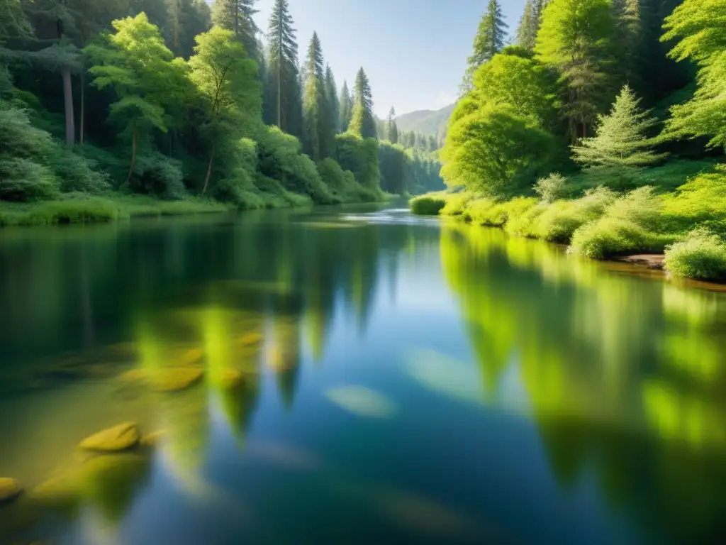 Un río sereno fluye a través de un bosque verde exuberante, con la luz del sol filtrándose entre los árboles