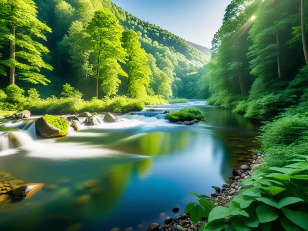 Un río sereno fluye a través de un frondoso bosque, con microturbinas hidráulicas para energía sostenible integradas en el paisaje natural