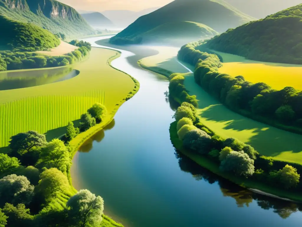 Un río tranquilo atraviesa un paisaje verde, bañado por una suave luz dorada