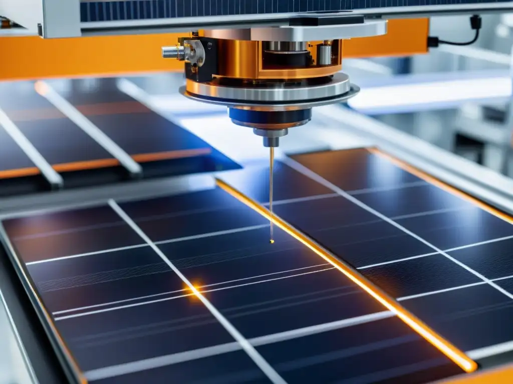 Robótica avanzada ensambla paneles solares, simbolizando impacto ambiental en fábrica de alta tecnología