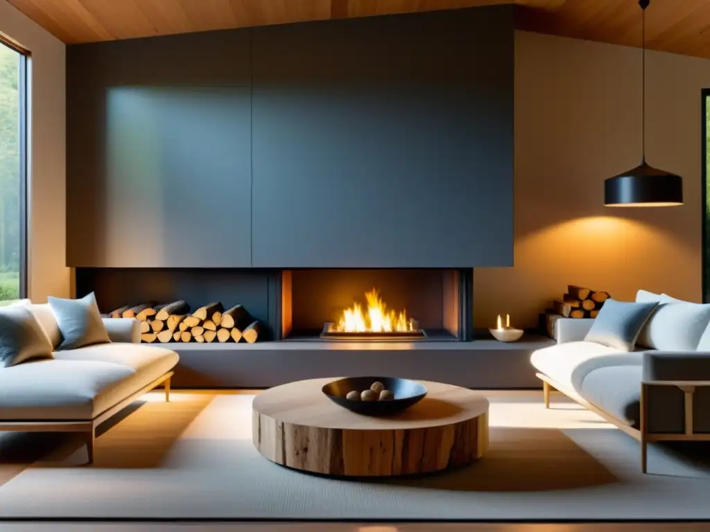 Sala acogedora con chimenea minimalista y sistemas de biomasa para calefacción sostenible, creando un ambiente sereno y ecológico