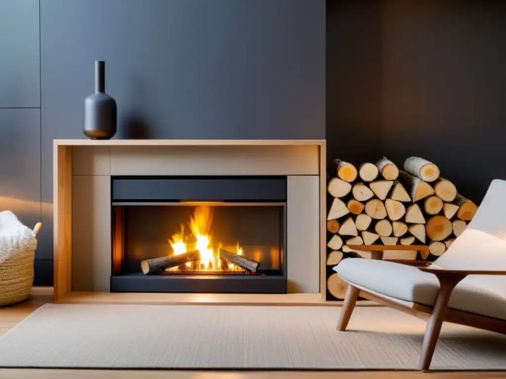 Sala acogedora con chimenea moderna y sistemas de biomasa para calefacción sostenible, rodeada de leña apilada en unidad de almacenamiento elegante