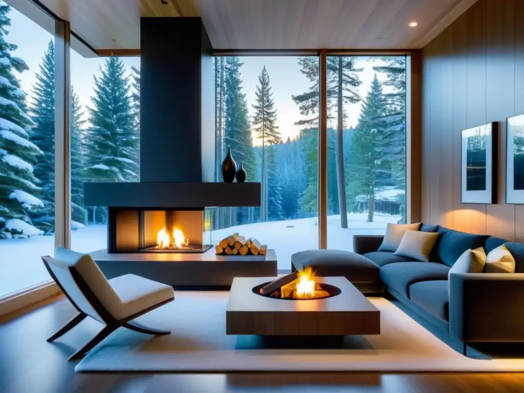 Sala acogedora con chimenea moderna y sostenible, iluminada por luz natural con vista a bosque nevado