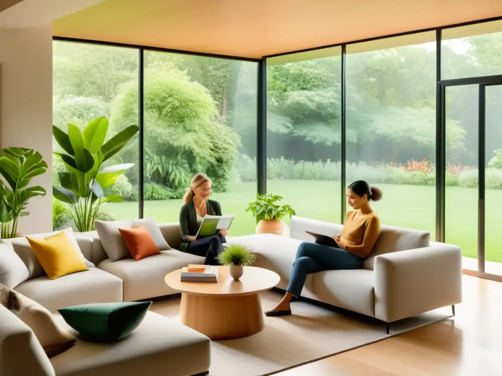 Una sala acogedora iluminada por el sol con vistas a un exuberante jardín verde