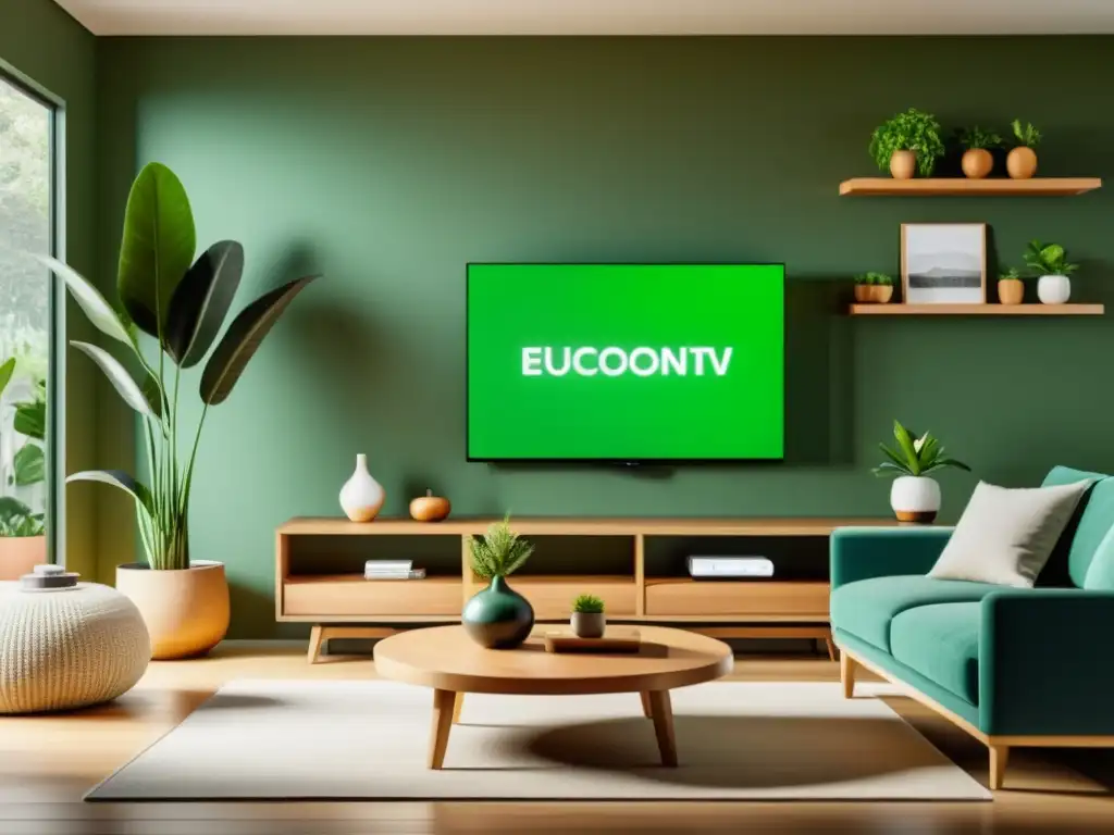Salón ecológico: familia disfrutando de entretenimiento responsable Una sala acogedora con iluminación LED, muebles sostenibles y plantas