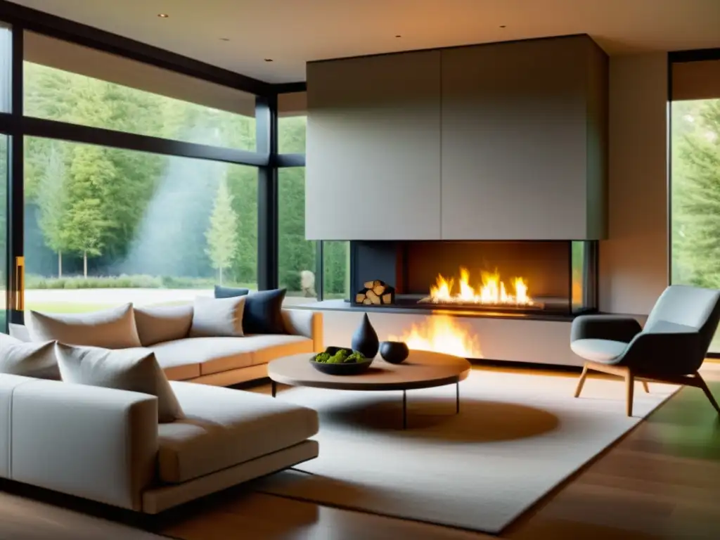 Cálida sala con chimenea moderna y muebles minimalistas, iluminada por luz natural