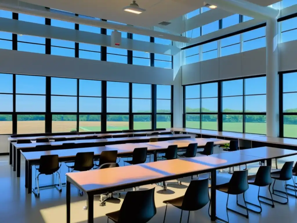 Sala de clases moderna con sistemas de climatización renovable sostenible, estudiantes comprometidos y un instructor educado