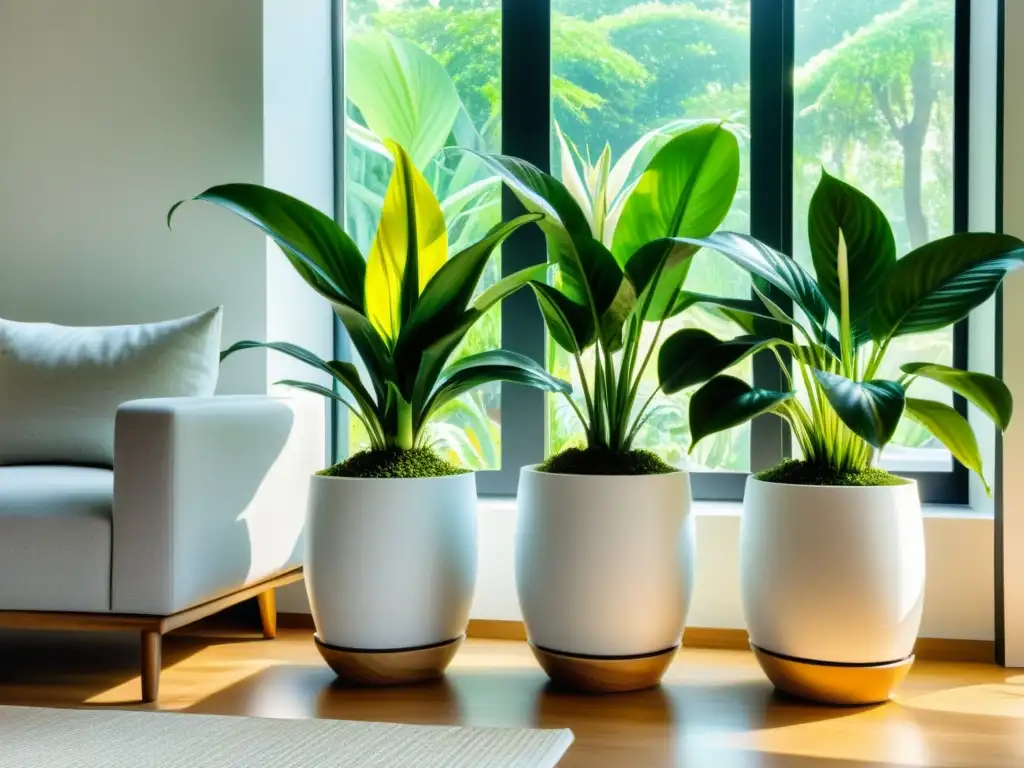 Una sala moderna con plantas purificadoras de aire interior en macetas blancas sobre soportes de madera, iluminada por luz natural