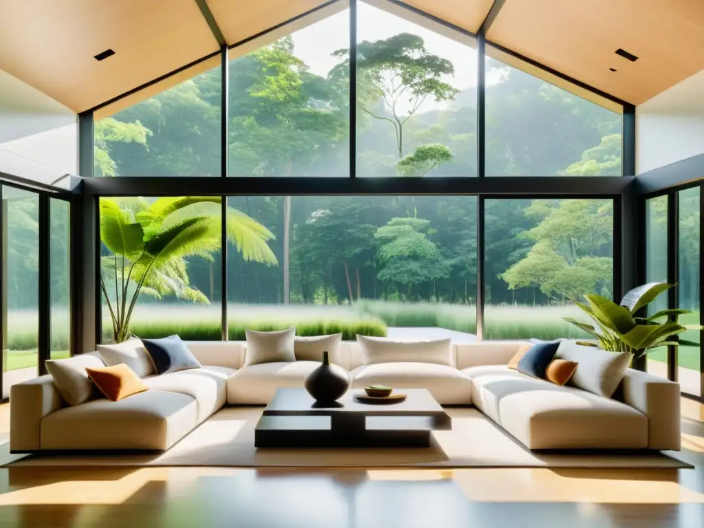 Sala de estar moderna y sostenible con vistas a la vegetación, muebles ecológicos y sistemas de ventilación inteligente para hogar sostenible