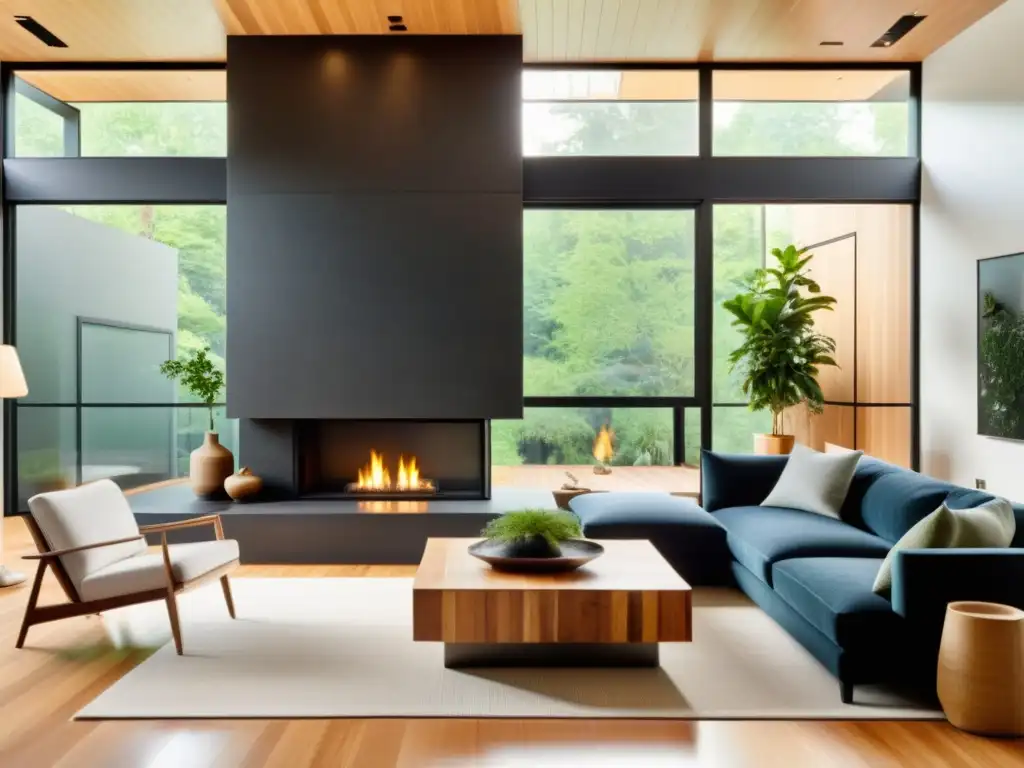 Un salón acogedor con una chimenea minimalista y ecológica como punto focal