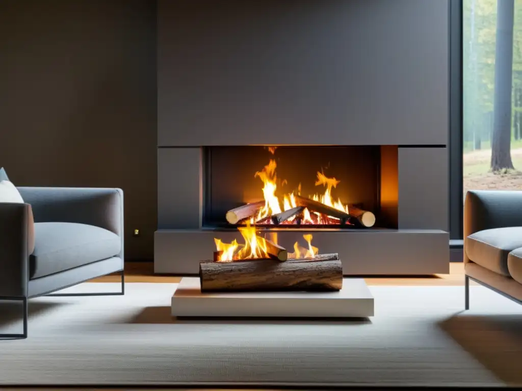 Salón acogedor con chimenea moderna y biocombustibles sostenibles, iluminado por la cálida luz del fuego