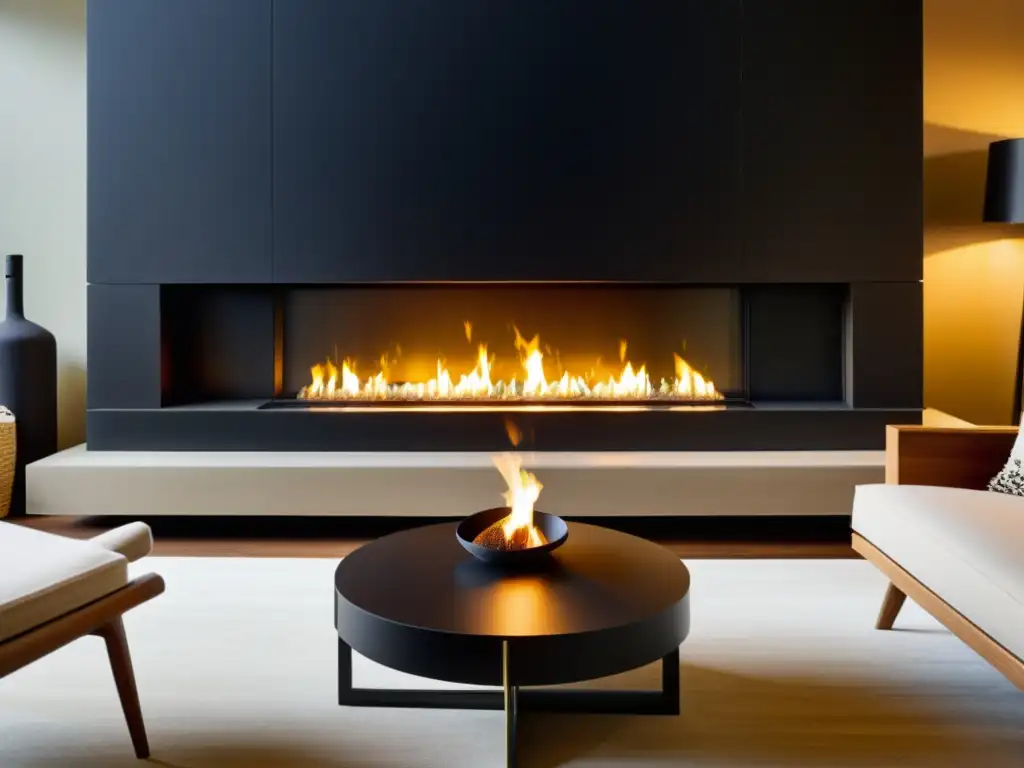 Salón acogedor con chimenea moderna y calentador de biocombustible negro, creando una cálida atmósfera sostenible