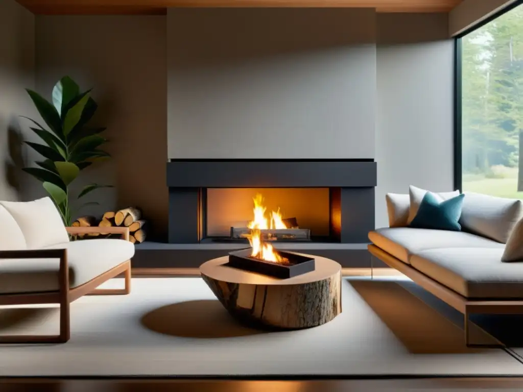 Un salón acogedor y minimalista con una moderna chimenea empotrada y una pila de leña sostenible