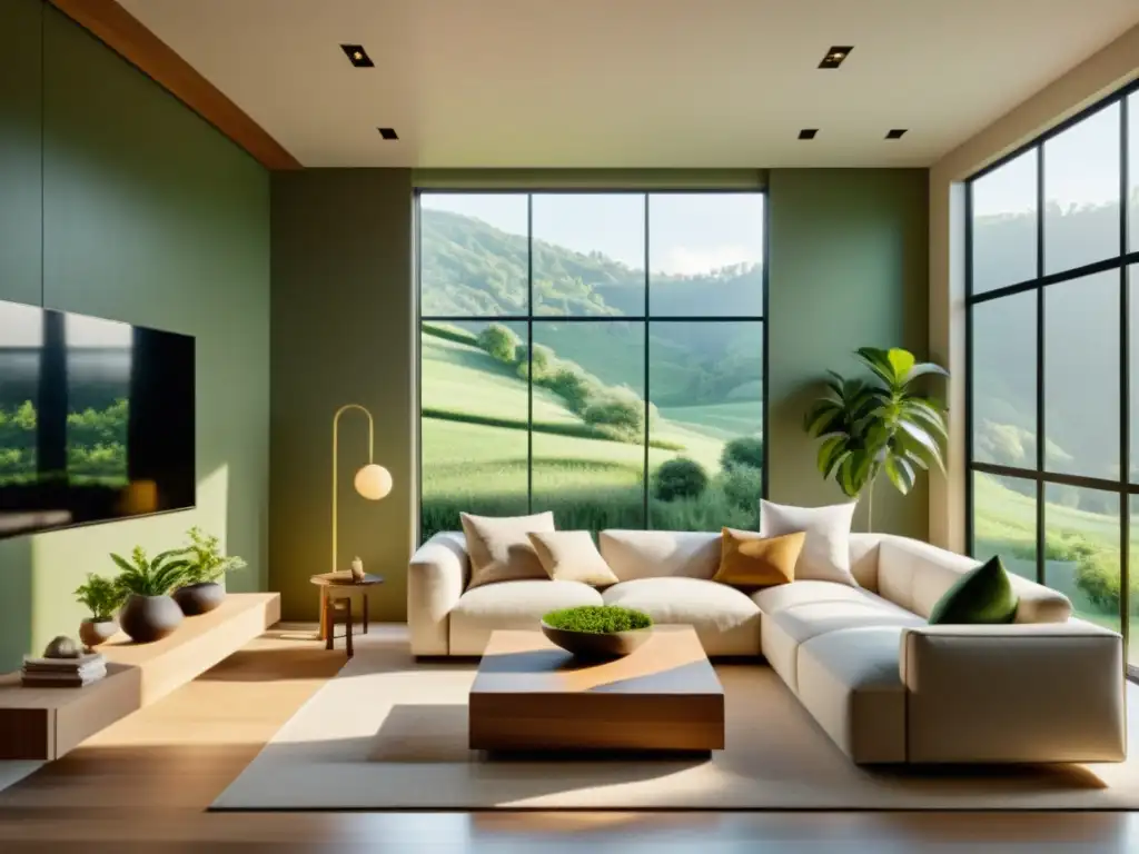 Salón acogedor y minimalista con vistas a un paisaje verde