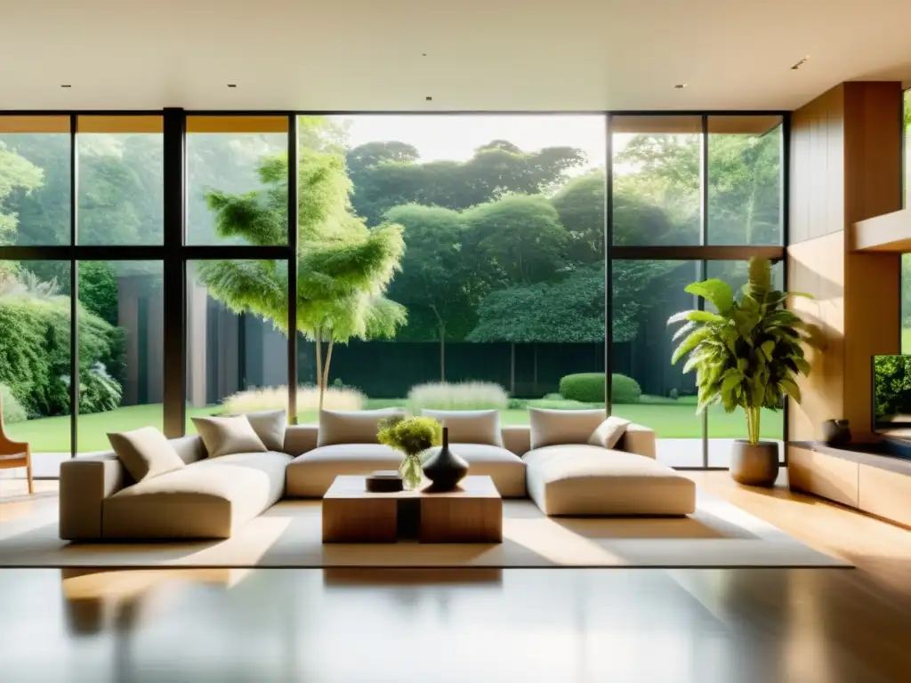 Sala de estar ecológica con ventanas panorámicas y diseño minimalista Salón amplio y soleado con diseño ecológico sostenible, muebles minimalistas y vistas a jardín exuberante