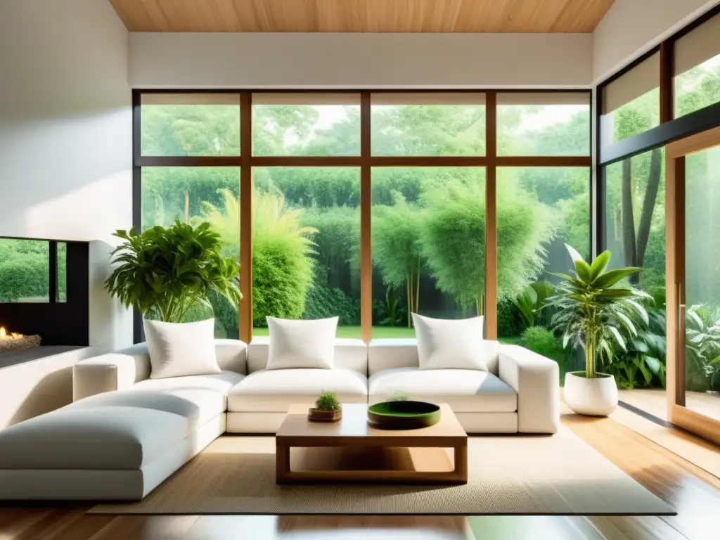 Salón blanco minimalista con ventanales grandes hacia un jardín verde, con ecomateriales para construcción sostenible y ambiente sereno