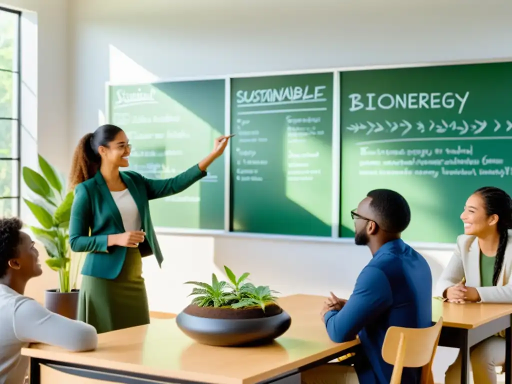 Salón de clase sereno y minimalista con luz natural, plantas y materiales ecológicos