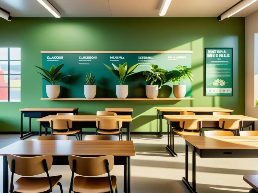 Salón de clases ecoamigable con recursos didácticos para aulas sostenibles, iluminado por luz natural y decorado con plantas y carteles educativos