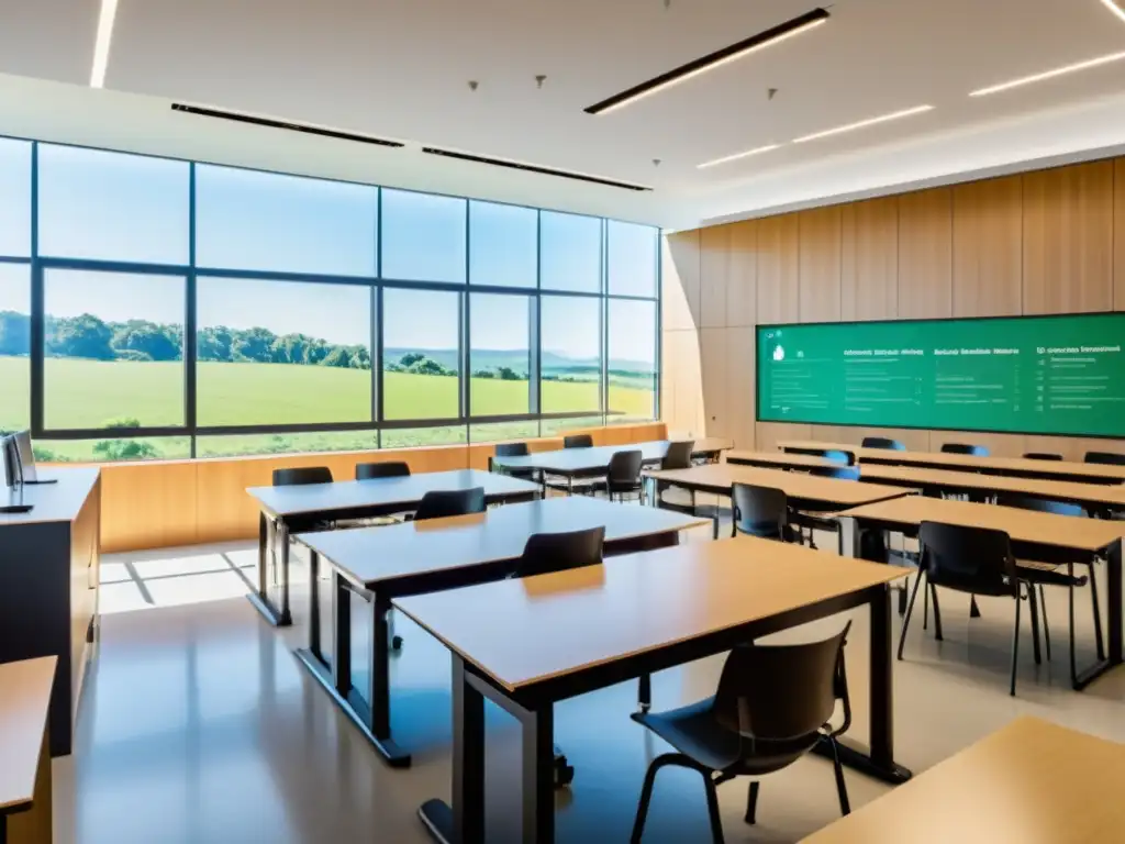 Salón de clases moderno con integración de energías renovables en el currículo escolar, iluminado por luz natural y con mobiliario colaborativo