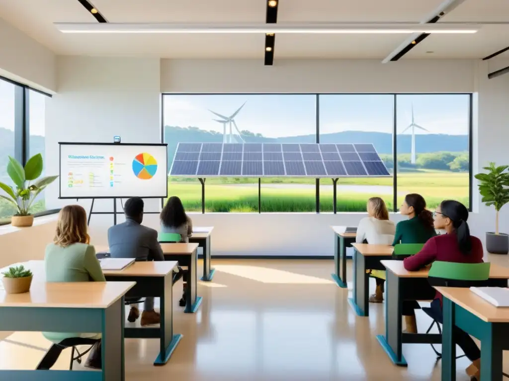 Salón de clases sereno con estudiantes atentos, pizarrón con diagramas de energías renovables y ambiente sostenible