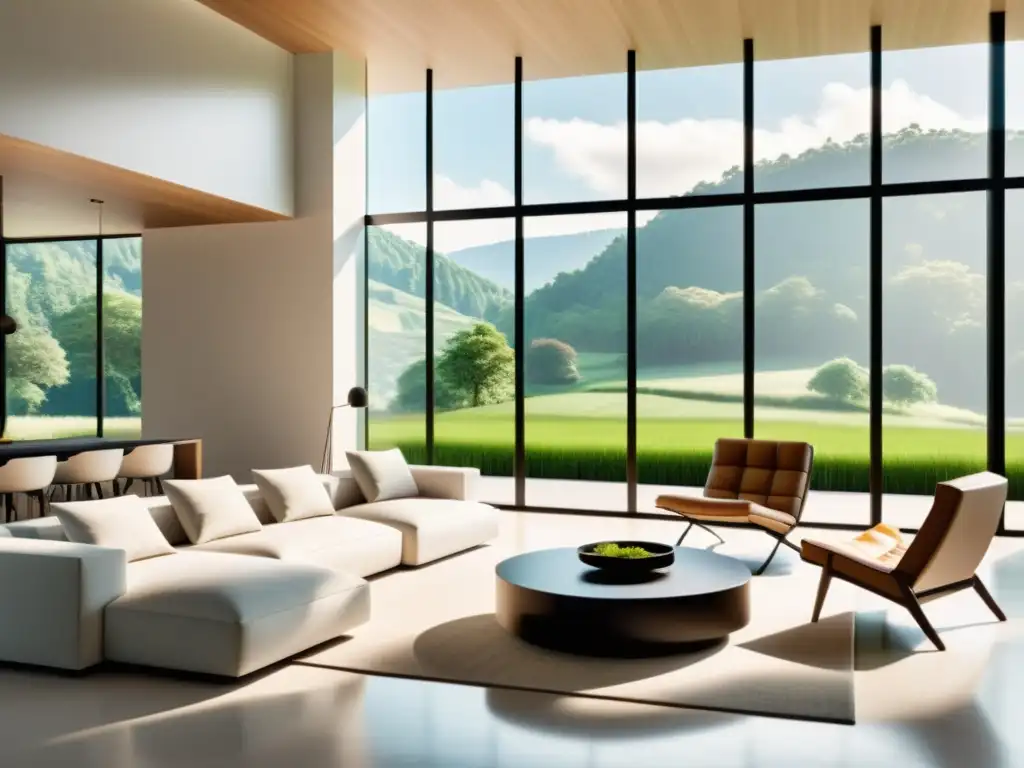 Salón minimalista con bioenergía, luz natural y vistas al paisaje